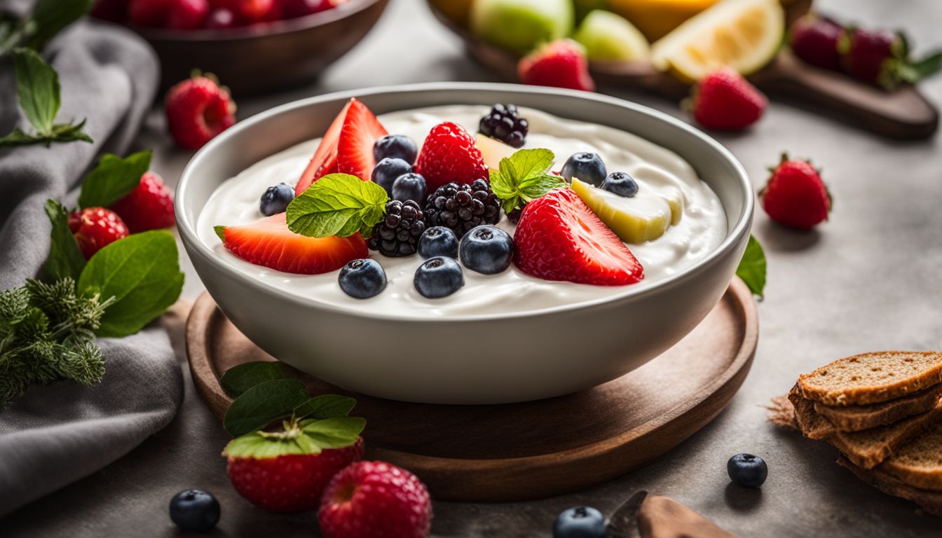 A bowl of Greek yogurt surrounded by fresh fruit and ingredients.