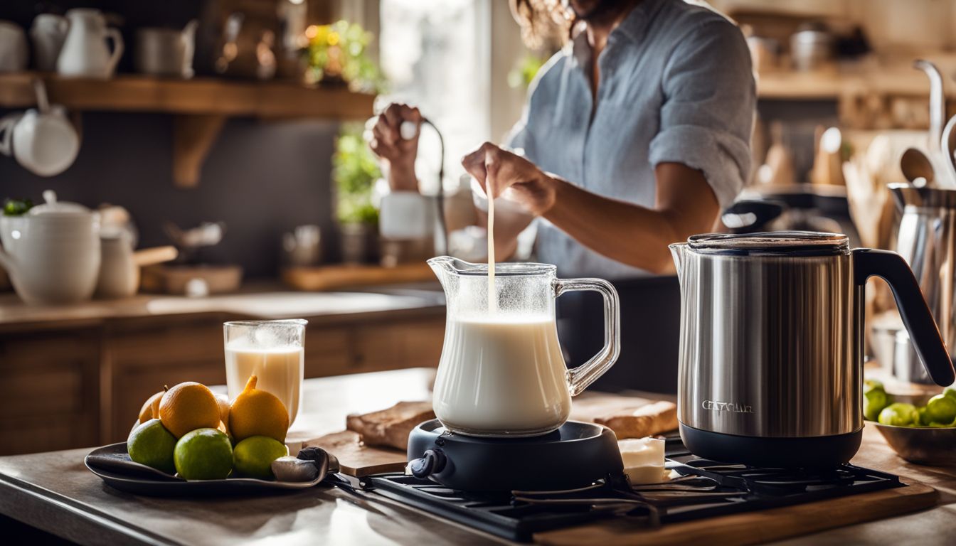 A pitcher of milk being poured into a simmering pot on a stovetop.