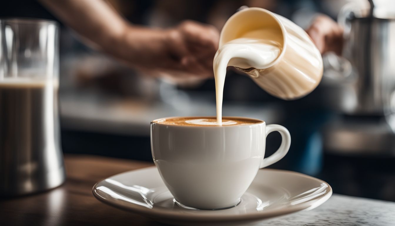Pouring heavy cream into a coffee cup in a bustling kitchen.