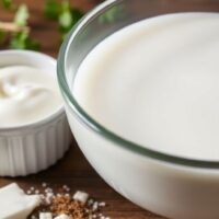 Milk and heavy cream with fresh herbs on a table.