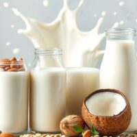 Plant-based milks in glass containers with fresh ingredients.