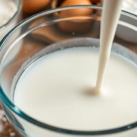 Mixing bowl with milk and baking ingredients on the table.