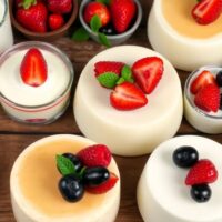 Colorful milk-based desserts on a wooden table.