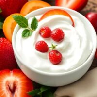 Bowl of Greek yogurt with fruits on a wooden table.
