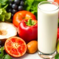 Glass of milk with fresh fruits and vegetables around it.