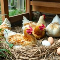 Chickens in a coop with eggs in a natural setting.