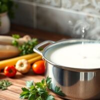 Steaming pot of milk with fresh herbs and vegetables.