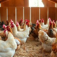 Chickens in a cozy, sunlit coop without heat lamps.