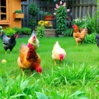 Chickens foraging in a lush backyard garden.