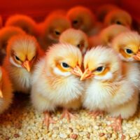 Fluffy baby chicks in a warm brooder setting.