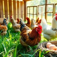 Chickens in a sunny backyard with fresh eggs.