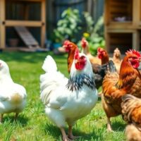 Colorful chickens pecking in a sunny backyard garden.
