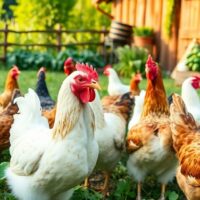 Healthy chickens in a green yard without antibiotics.