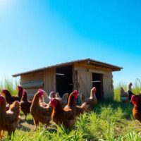 Chickens roaming freely near a rustic coop outdoors.