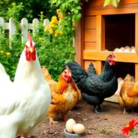 Chickens in a coop with fresh eggs in a garden.