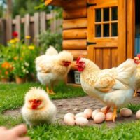 Chickens in a coop with fresh eggs being collected.
