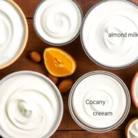 Bowl of dairy-free cream alternatives on wooden table.