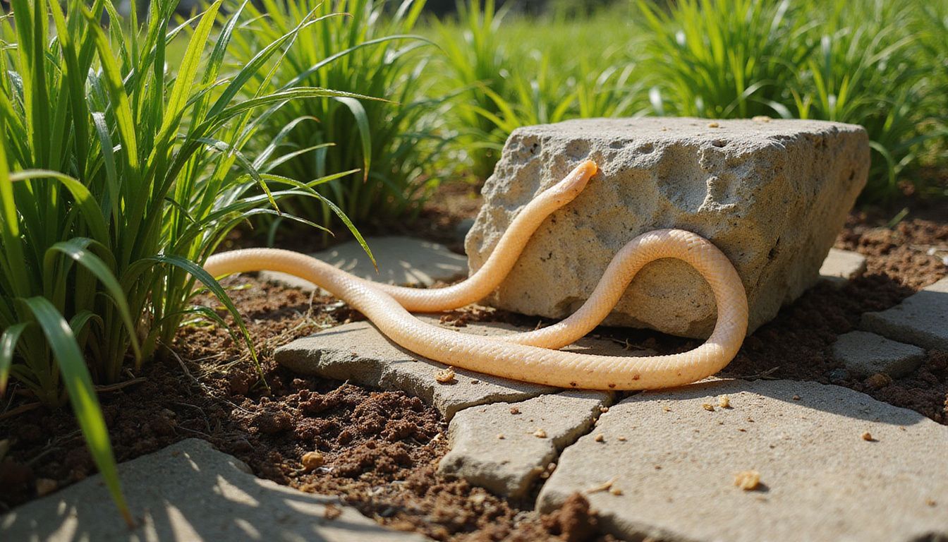 A snake shed lies among wild grass and weathered stone.