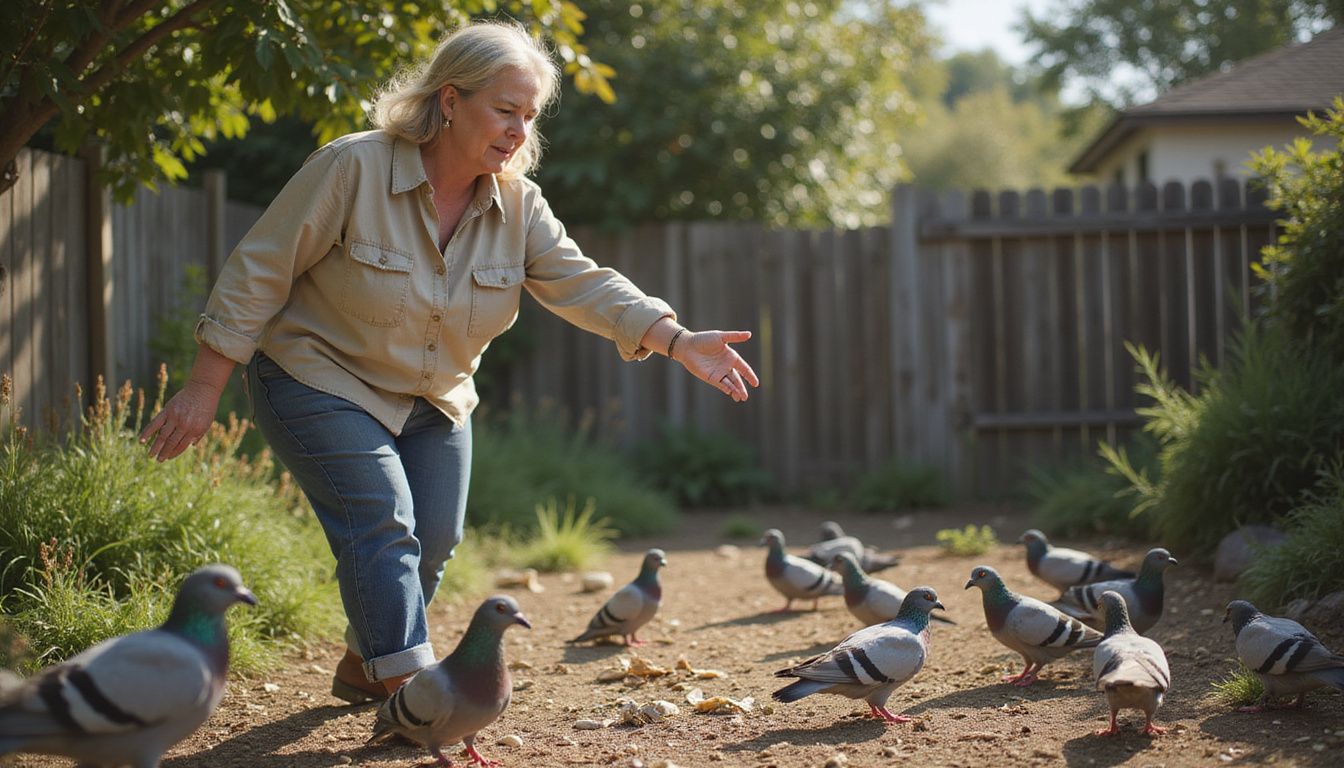 A middle-aged woman shooing pigeons from her backyard garden.