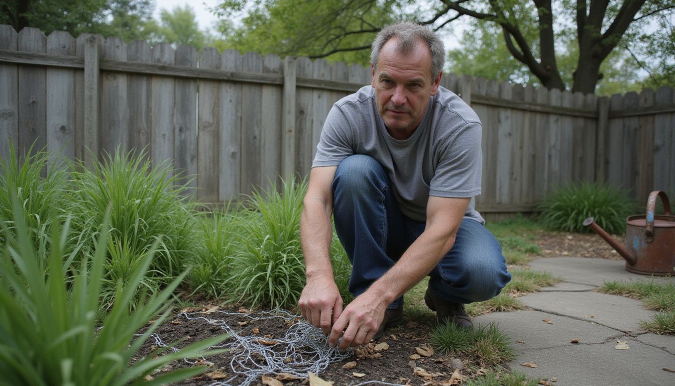 A middle-aged man is working on a chicken wire fence in a suburban backyard.