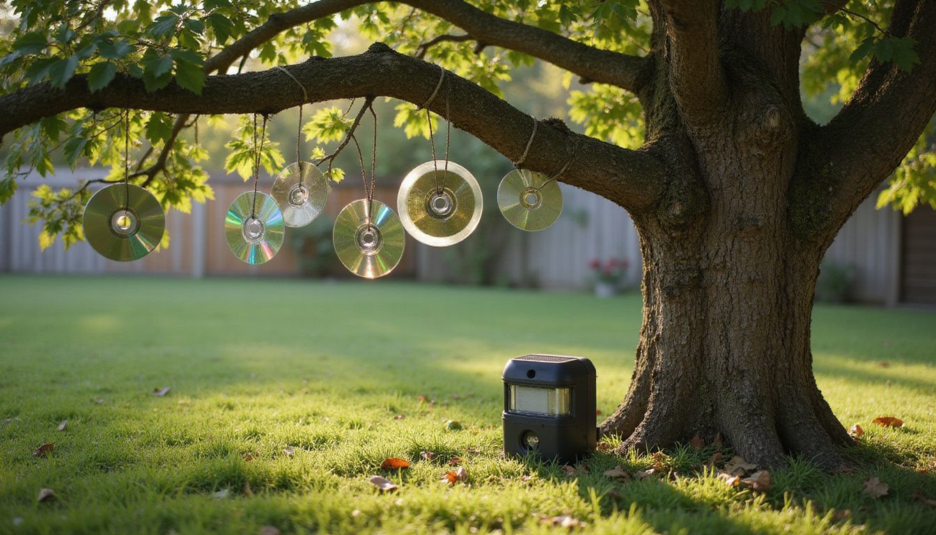 A backyard scene with a tree adorned with CDs and a bird deterrent device.