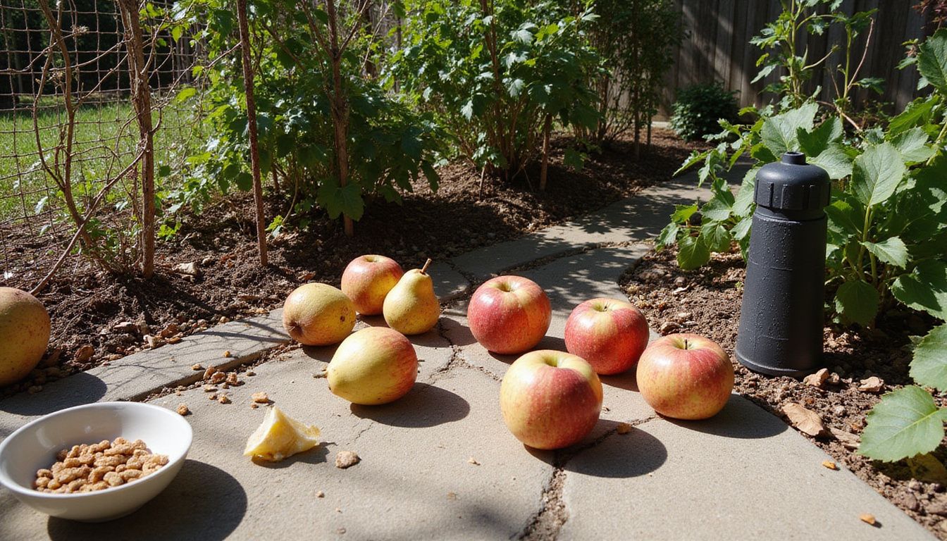 A sunlit, slightly untidy backyard garden with fallen fruit and scattered pet food.