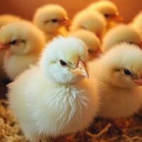 Fluffy chicks in a cozy brooder with warm lighting.