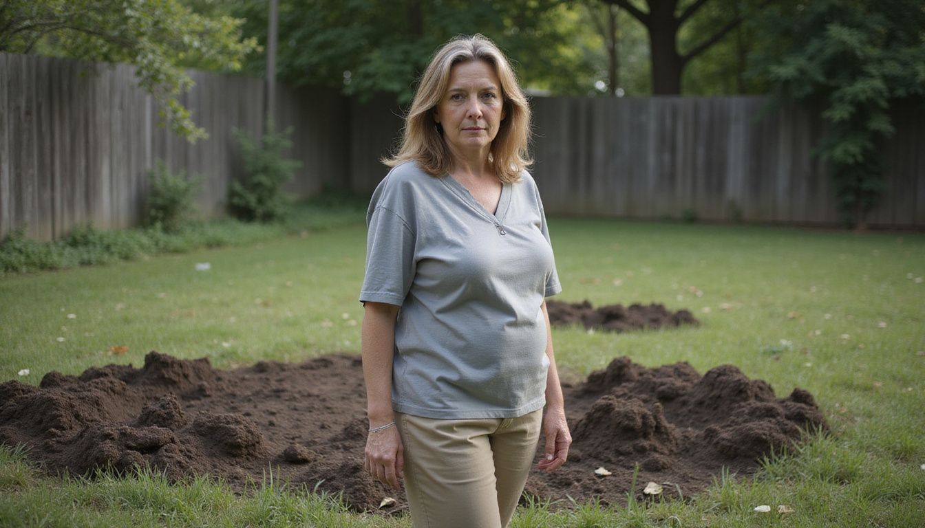 A middle-aged woman stands in contemplation in a backyard garden.