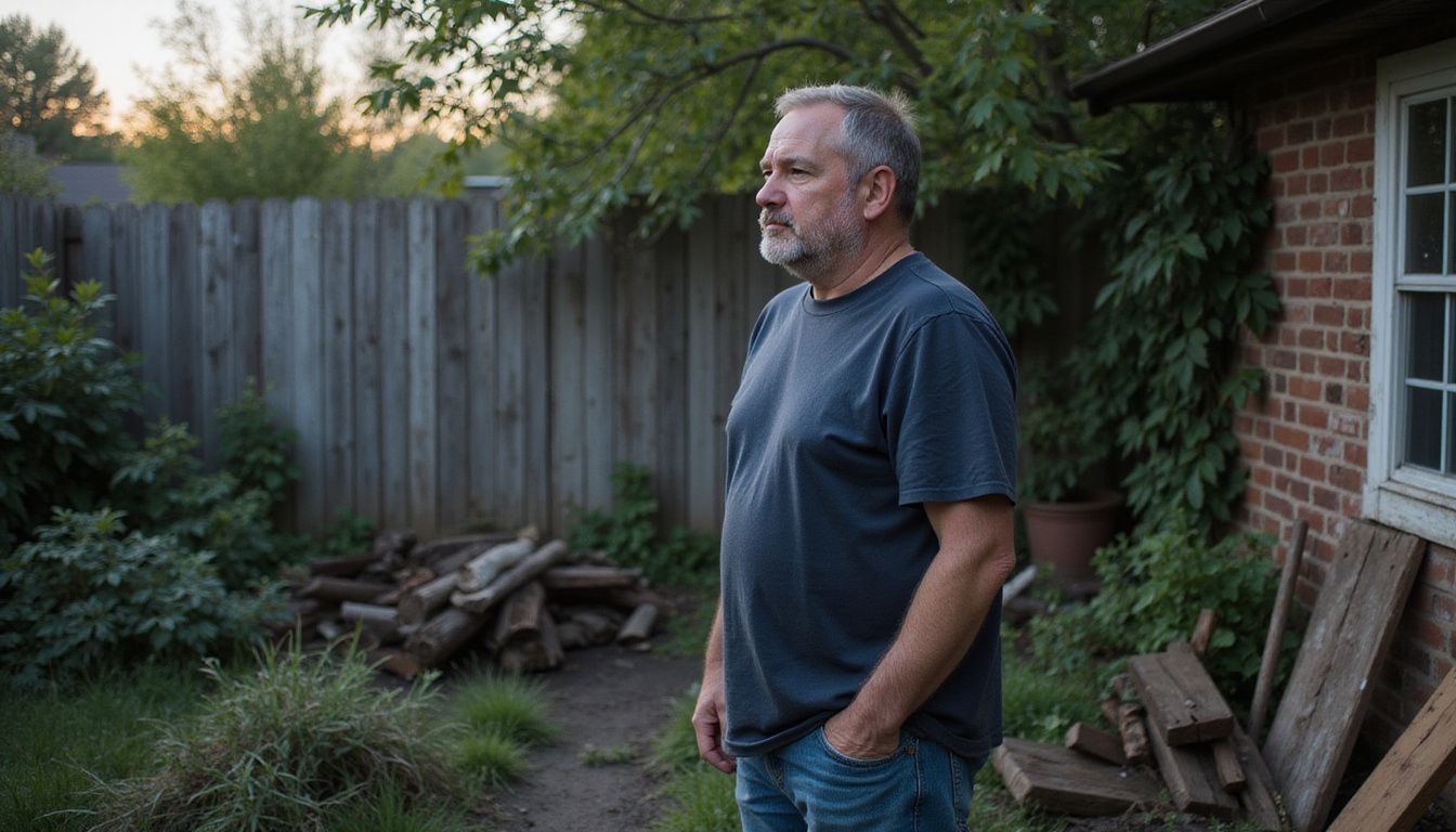 A man in his 40s stands in a cluttered backyard at dusk.