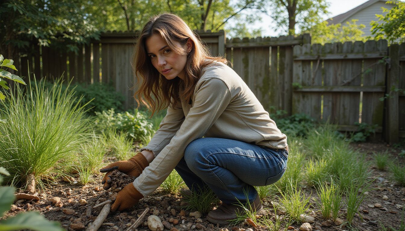 A woman in her 30s is clearing overgrown backyard garden debris.