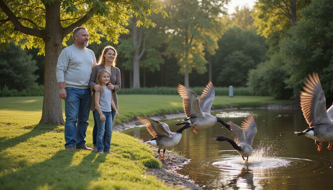 A family stands by a backyard pond as geese land.