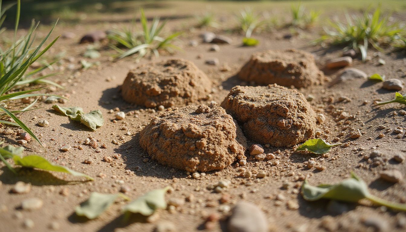 Close-up of disturbed backyard soil with gnawed leaves and mounds.