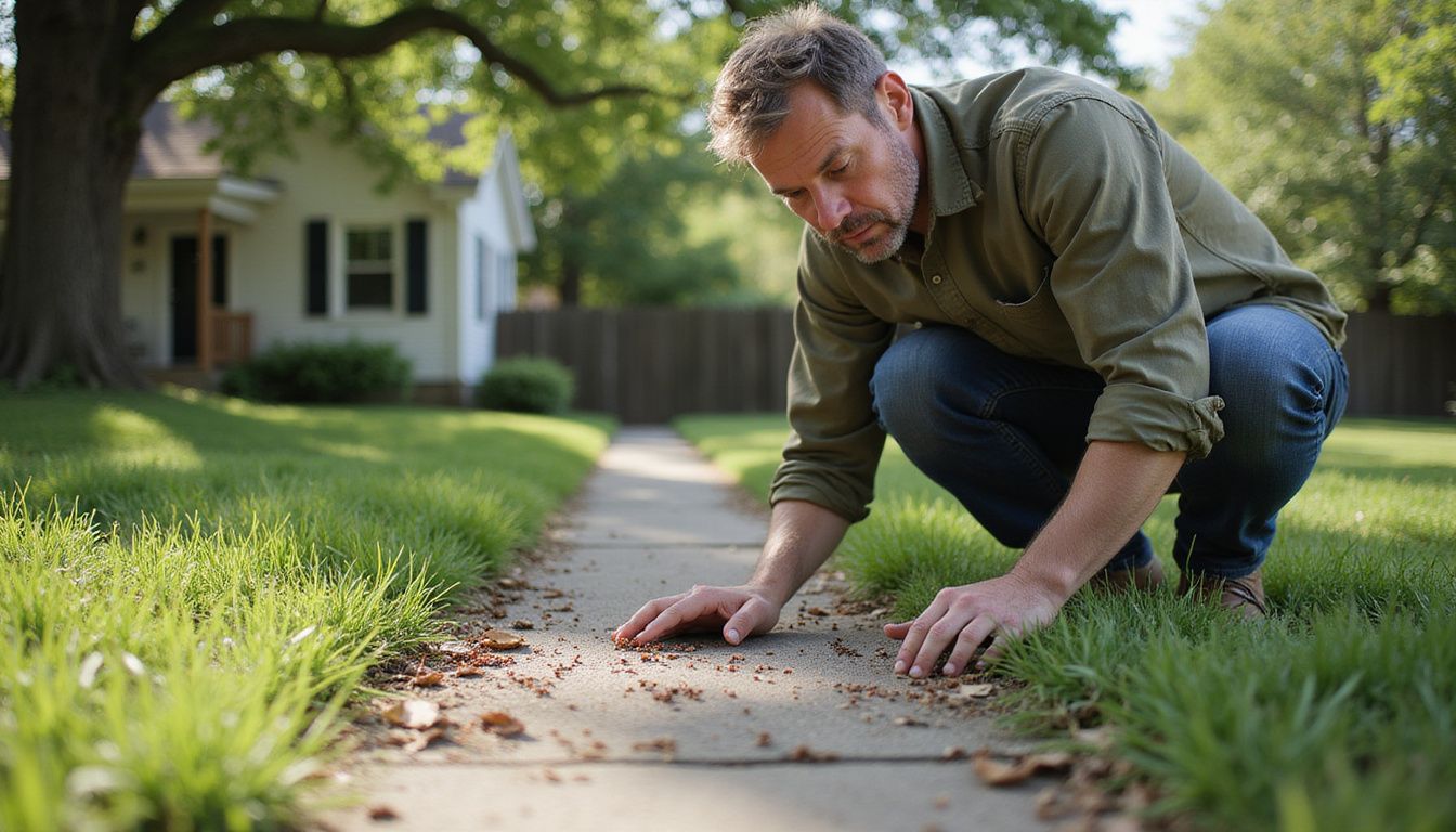 A man crouches in a suburban backyard, carefully observing small ants.