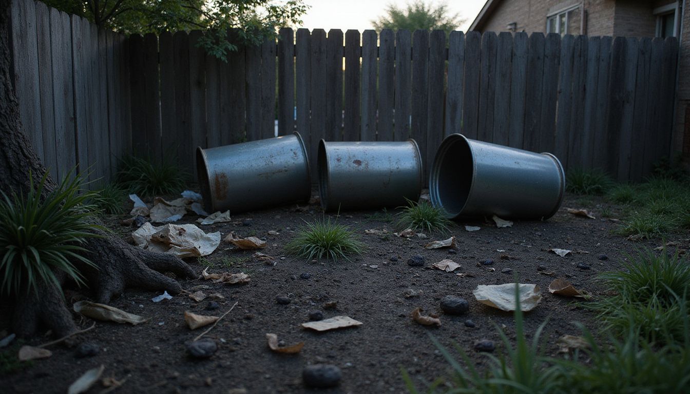 A dimly lit backyard garden at dusk with scattered trash and footprints.