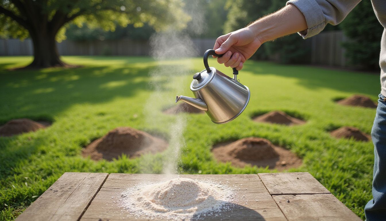 A person pours boiling water on fire ant mounds in backyard.