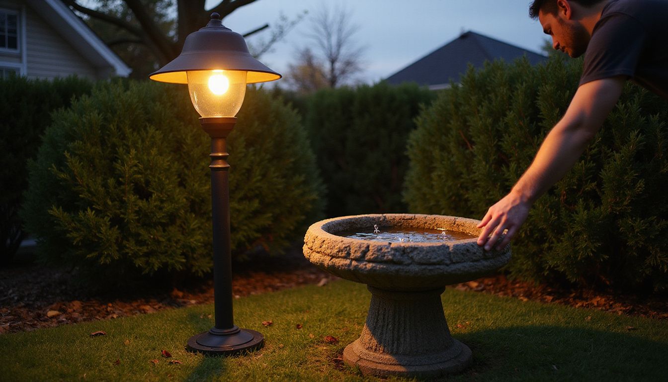 A serene backyard scene at dusk, capturing a tranquil evening ritual.