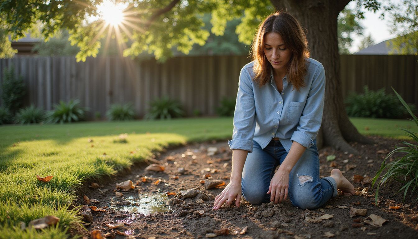 A woman in her 40s inspects backyard soil for insect breeding.