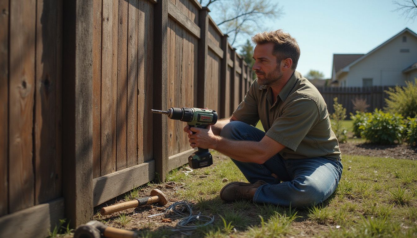 A man installs a wooden fence in his backyard.