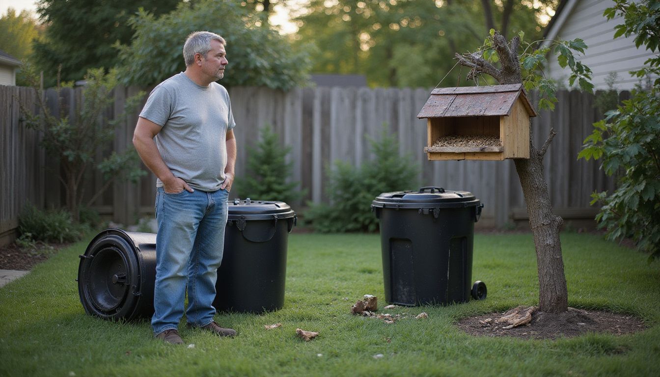 A man stands in his backyard, observing raccoon damage.