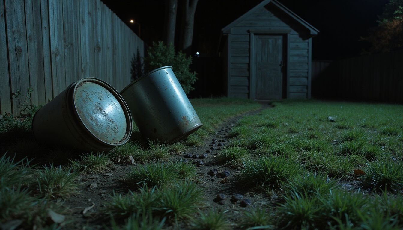 A suburban backyard at night with moonlight, skunk footprints, and a shed.
