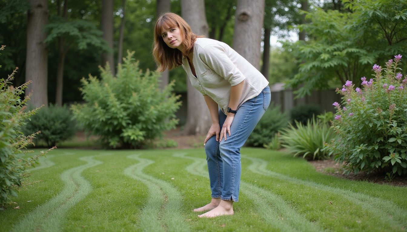 A woman inspects her backyard garden with focused determination.
