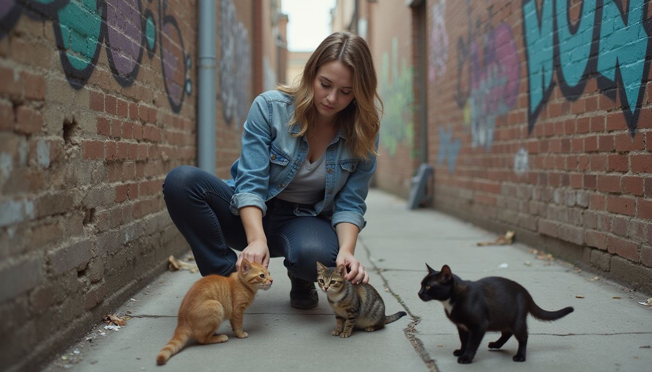 A woman interacts with stray and feral cats in an urban alleyway.