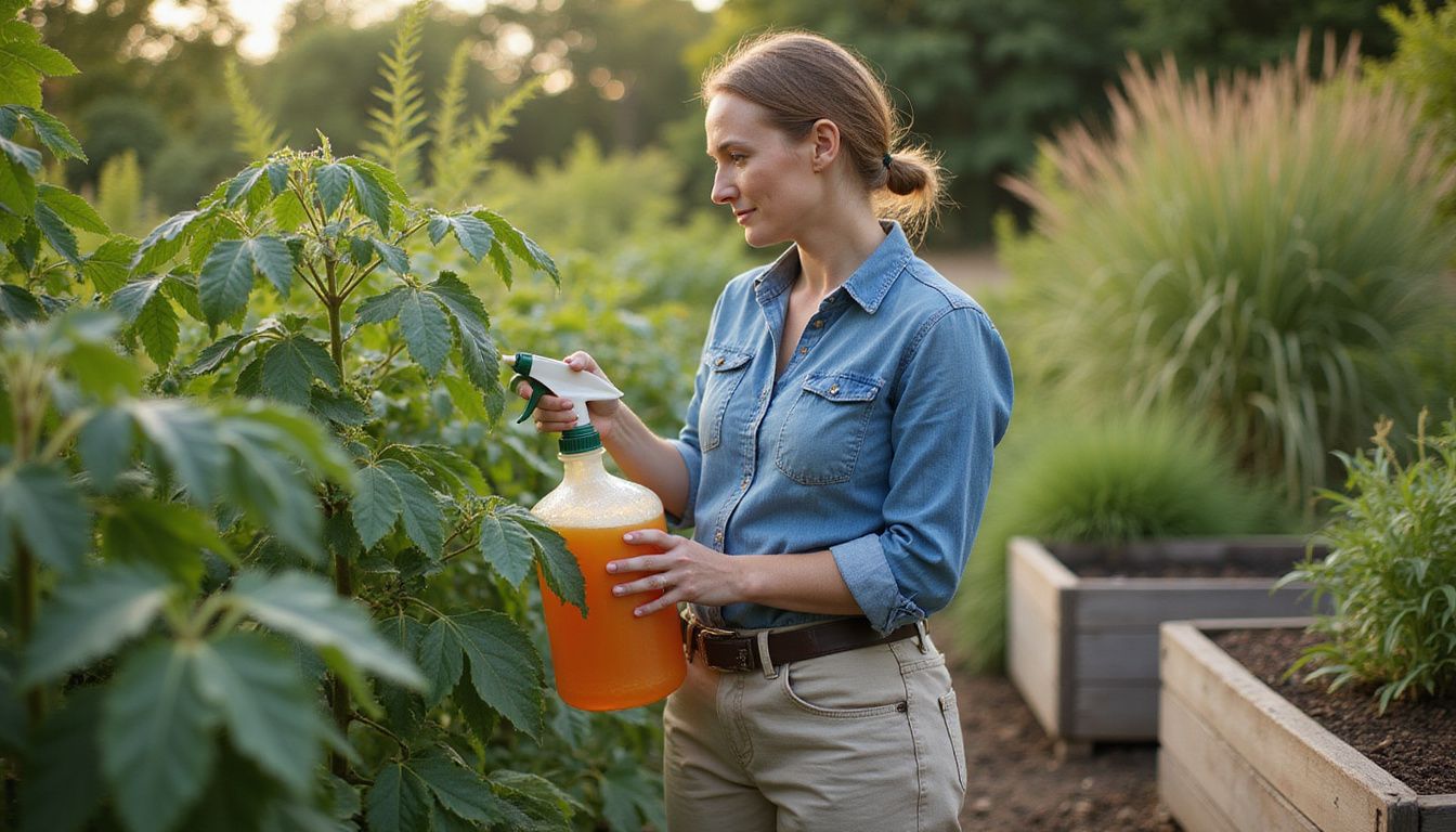 A woman tending to her garden with a spray bottle.