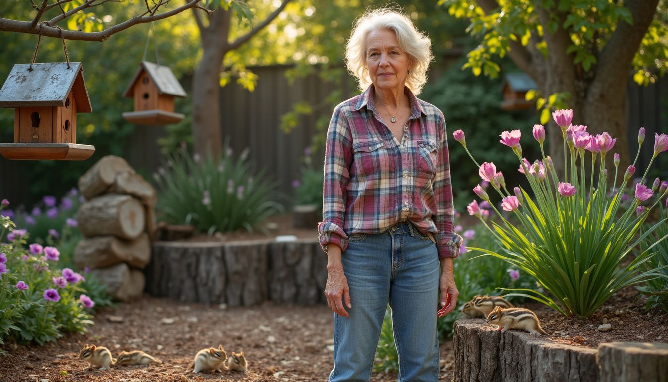 A woman standing in her backyard surrounded by nature and wildlife.