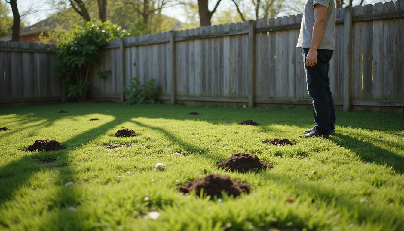 A backyard garden with a freshly mowed lawn and wooden fencing.