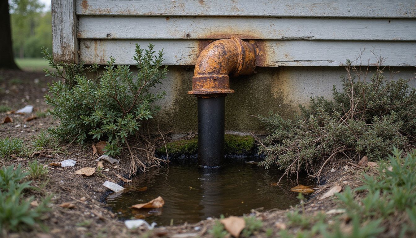 An aged, rusted drainpipe attached to a weathered house with stagnant water.