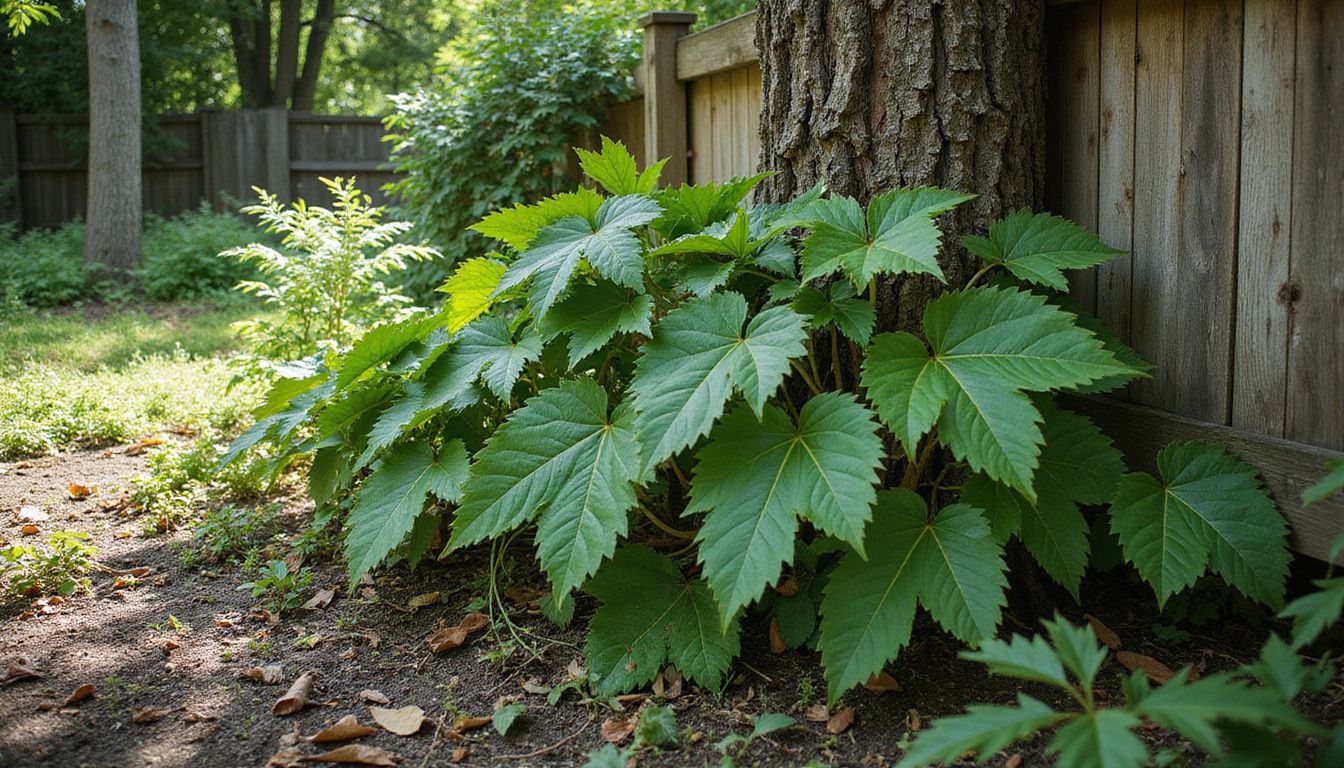 A backyard garden with dense plant life, featuring poison ivy.