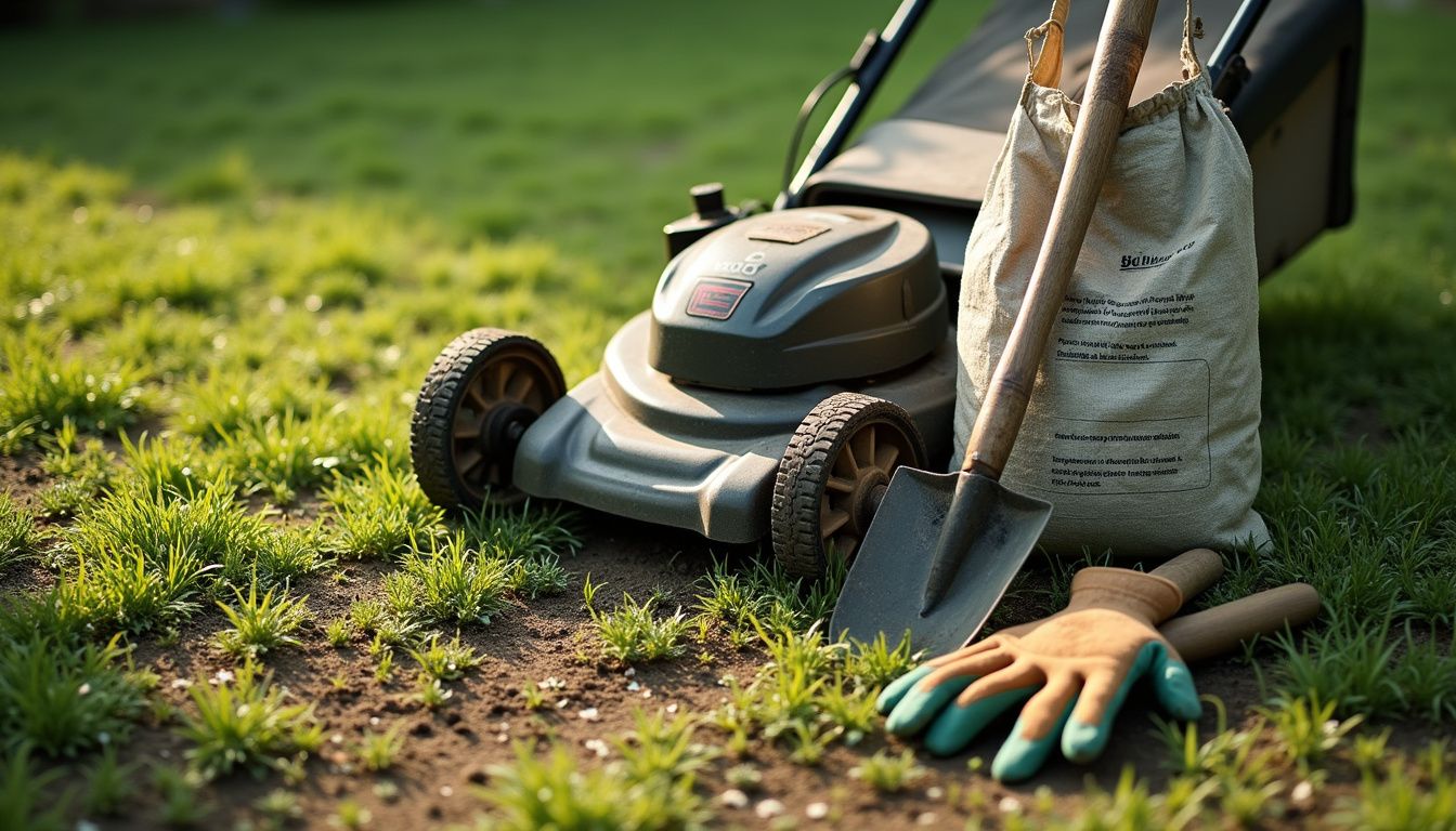 A well-used lawnmower and gardening tools rest in a backyard.