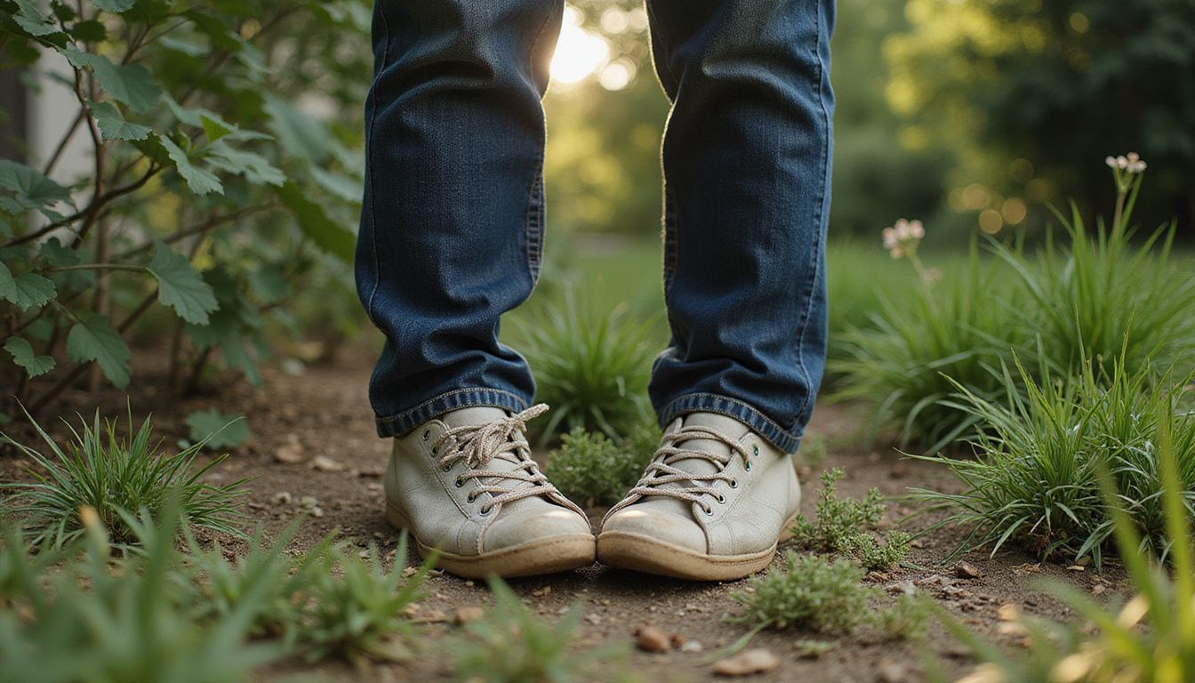 A person stands in a backyard garden, gaze on worn sneakers.