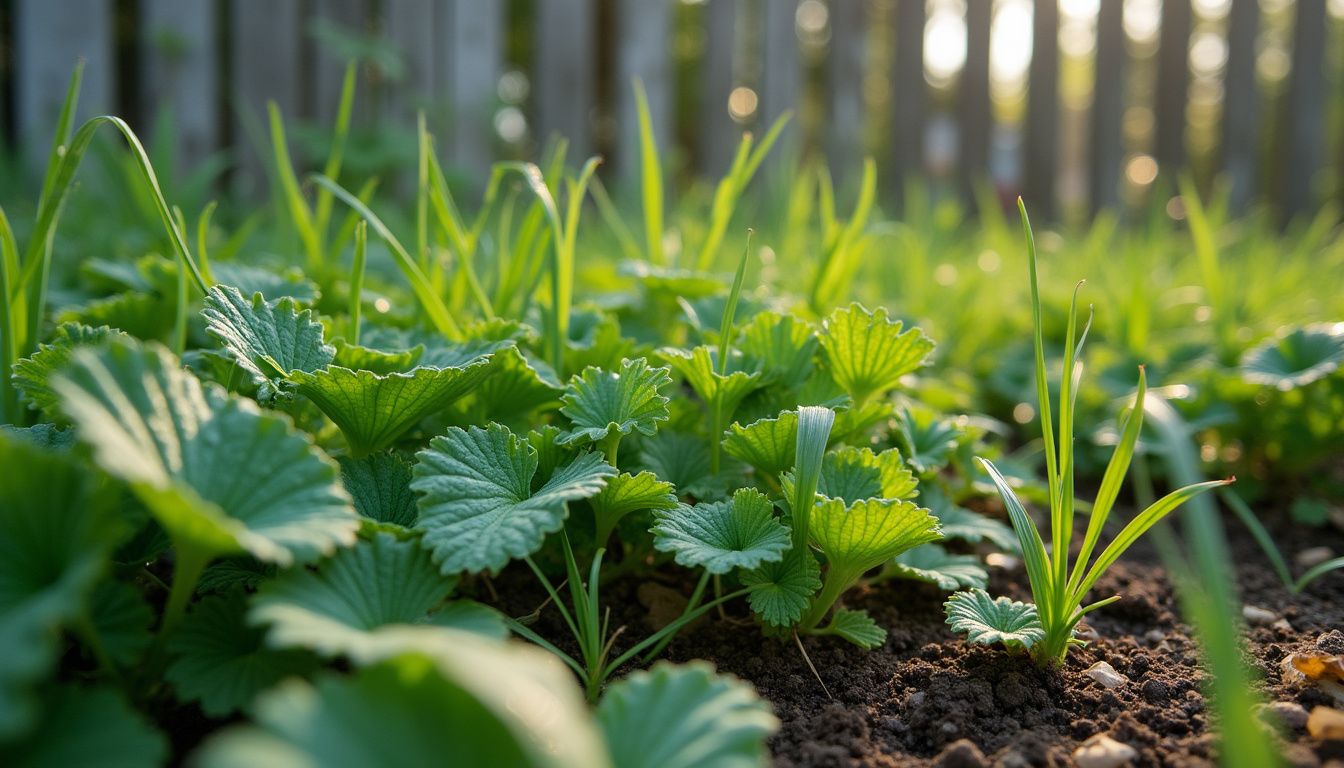 Close-up view of dense backyard garden patch with various weeds.